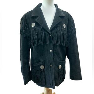 Excelled Western Southwestern Black Suede Fringed Coat with Conchos Vintage XL